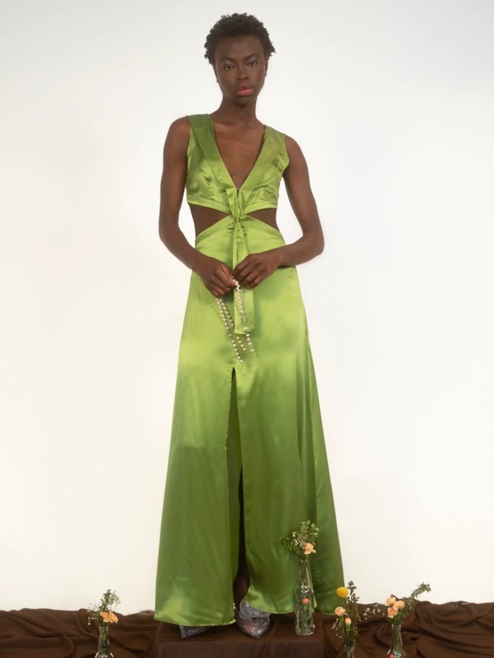 House of Aama Cut Out Maxi Dress with Sailor Collar Mint Silk 0 NWT